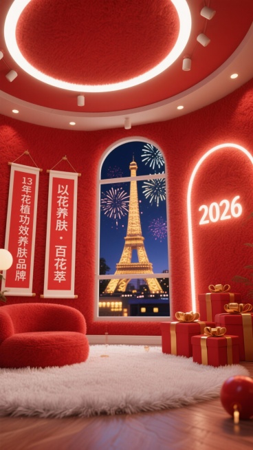 帮我生产类似十张，这是采用Soft3D可爱软萌3D风格打造的室内场景，以低视角仰拍的构图呈现，空间内墙面与天花板均覆盖红色毛绒材质，地面铺着蓬松的白色长毛绒地毯；左侧墙面悬挂两幅红色竖幅卷轴，印有白色预览效果