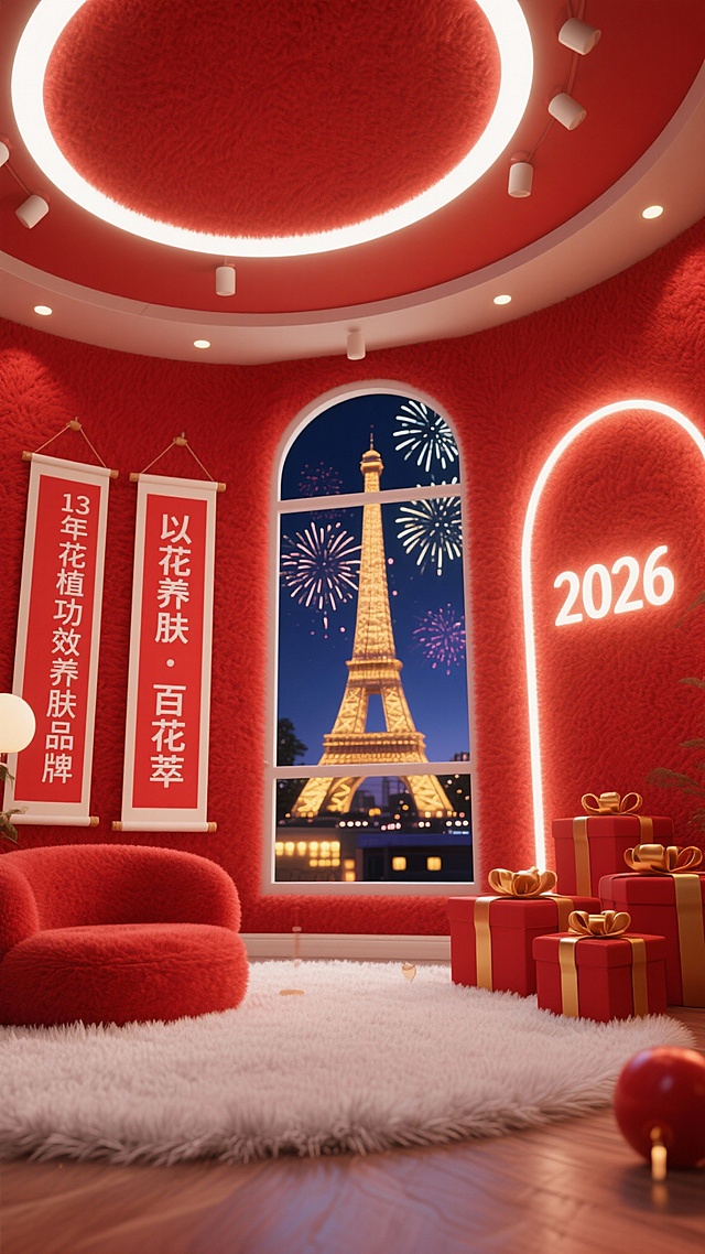 帮我生产类似十张，这是采用Soft3D可爱软萌3D风格打造的室内场景，以低视角仰拍的构图呈现，空间内墙面与天花板均覆盖红色毛绒材质，地面铺着蓬松的白色长毛绒地毯；左侧墙面悬挂两幅红色竖幅卷轴，印有白色竖排文字“13年花植功效养肤品牌”“以花养肤·百花萃”；右侧墙面有发光弧形灯带，灯带内侧有毛绒质感的“2026”字样，灯带旁错落摆放着多个系有金色丝带的红色礼盒；房间设有大落地窗，窗外夜景里亮着暖黄灯光的埃菲尔铁塔矗立其中，天空中绽放着绚烂的烟花；天花板嵌入环形白色灯带与小筒灯，整体氛围温馨喜庆，充满新年氛围感「图片1」