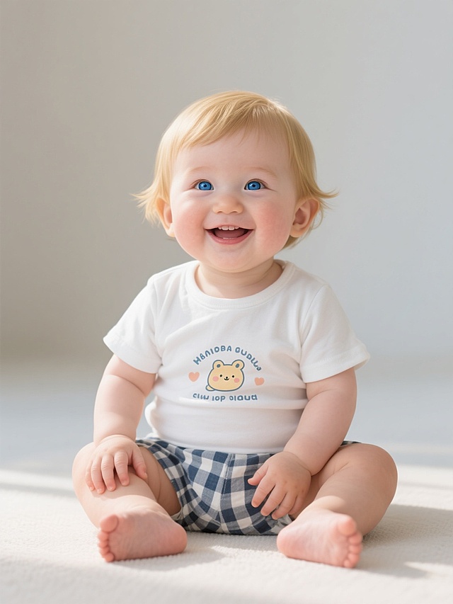 一个可爱的婴儿小孩，坐在地上，穿着白色短袖T恤和格子短裤，T恤上有卡通图案和文字，婴儿有着金色的短发，蓝色的眼睛，面带微笑，表情天真无邪，整体风格写实，色彩明亮，光影自然，构图简洁，突出婴儿的装扮和可爱形象。