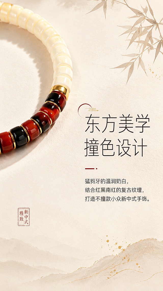 [第2屏] 详情页设计理念-微醺猛犸红黑南红撞色手串，本屏使用【图1】截取手串局部作为核心元素。
[氛围/风格] 新中式设计感，简约干净排版，雅致氛围感，纸质纹理质感。
[元素布局] 画面左上展示手串红黑撞色局部特写，占比约30%；右侧和下半部分为文字区域，保留大量留白，背景为浅米色宣纸纹理；保持撞色珠串和隔金的颜色、结构与原图一致。
[光影质感] 均匀柔和散射光，局部特写保留温润质感，文字区域通透干净，阴影过渡自然。
[配色色系] 全局底色 #f8f5f0；主色米白宣纸，辅助色红黑金撞色，深色文字。
[视角构图] 左图右文，对角线构图，阅读动线左上局部 → 右侧文字。
[文字版式] 主标题「东方美学撞色设计」，副标题选取猛犸牙的温润奶白，结合红黑南红的复古纹理，打造不撞款小众新中式手饰；字体采用细黑体，左对齐排列，文字大小区分层级，不遮挡核心特写，整体透气舒适。
[比例分辨率] 9:16 竖版比例，4K 分辨率，文字清晰可辨，高清画质。
[负向提示词] 珠串变形，颜色偏差，文字过小错乱，水印，背景杂乱，产品模糊