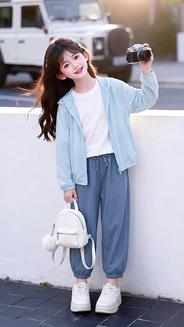 用图1短袖和连帽外套以及裤子替换掉图2的模特身上穿的衣服裤子，保留原场景光影，保持图2的人物的五官和发饰不变，姿势不变，背景不变，图片宽高尺寸不变，保持图1的短袖和连帽外套以及裤子的款式材质不变和颜色不变，高清