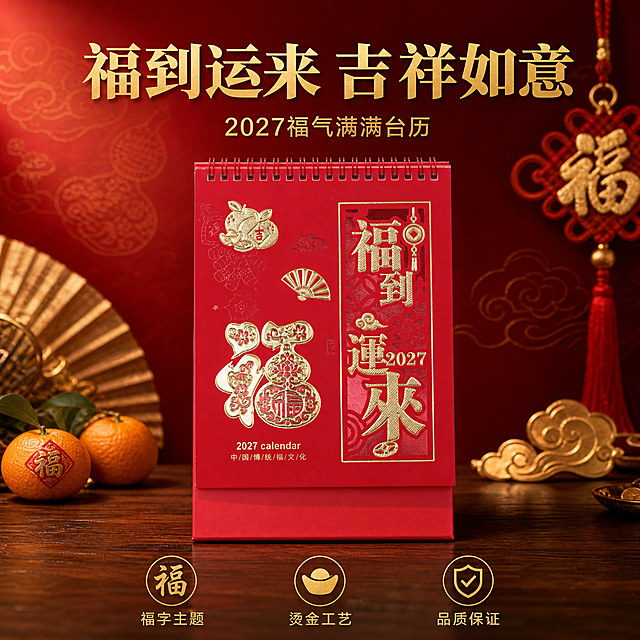 将背景替换为新中式国潮喜庆风格的高级场景。背景为深红色渐变墙面，带有隐约的金色祥云暗纹和葫芦纹理，墙面有柔和的光影层次，底部是深棕色实木桌面，木纹清晰温润。画面左侧有金色扇子和橘子装饰，右侧有金色中国结和祥云图案，营造福气满满的氛围。台历居中摆放，保持产品原有的红色底色、烫金葫芦福字图案、福到运来字样、烫金橘子扇子装饰、线圈装订和红色底座结构完全不变，产品正面朝向镜头，略微仰视角度。产品下方有自然柔和的接触阴影，落在桌面上。整体光影为暖调侧光，从左上方照射，突出台历的烫金光泽和红色质感，背景适度虚化，突出产品主体。画面顶部居中位置有金色粗黑体大标题'福到运来 吉祥如意'，字体大气醒目。标题下方有小号金色文字'2027福气满满台历'。画面底部有三个金色图标，从左到右分别标注'福字主题''烫金工艺''品质保证'。整体色调以中国红、金色、深木色为主，喜庆祥和，充满福气好运氛围。