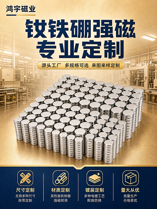 [商品] 使用【图1-图5】钕铁硼强磁 可定制 圆形磁铁；保留圆形扁平结构、银色金属电镀外观；增强金属反光和电镀层质感，保持产品真实结构不变形。
[画面] 第1张-头图海报，定制主题海报型。目标：突出鸿宇磁业钕铁硼强磁可定制的源头工厂实力。构图：上下结构，上方主标题区，中部产品主体大图阵列，底部品牌定制服务信息条。主体占画面约55%，多排多列圆形钕铁硼磁铁整齐堆叠成矩阵，45度俯视视角，展示规模感和多规格阵列。背景为米金色渐变工业场景，隐约可见工厂生产线轮廓，营造源头工厂氛围。
[视觉] 套系策略：风格=蓝金工业品质风；标题字=粗黑体；正文字=黑体；主色=米金色；背景延展=米金色渐变背景，从浅米金到深米金过渡，带细腻金属颗粒质感；强调色=浅金色（#d4af37），仅用于小面积图标、引线、标签和装饰线；标题色=深蓝色（#1a365d）；正文色=深灰色；组件=浅金色细装饰线、深蓝色标题块、浅金色标签胶囊；光影=工业摄影棚硬光，金属表面高光清晰，阵列立体感强。
[文字] 顶部主标题"钕铁硼强磁 专业定制"深蓝色粗黑体大字号，副标题"源头工厂 多规格可选 来图来样定制"浅金色中字号。左上角"鸿宇磁业"品牌名深蓝色。底部浅金色信息条写"尺寸定制 材质定制 镀层定制 量大从优"。文字不遮挡产品主体。
[规格] 图片比例3:4竖版，2K分辨率，避免变形、错字、文字过小、水印、平台Logo、悬浮感、产品结构失真。