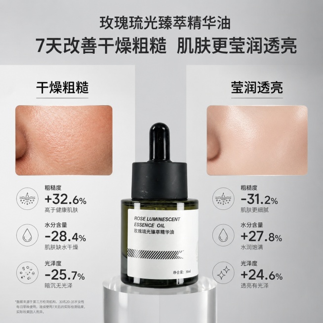 [主图-4] 玫瑰琉光臻萃精华油功效对比，左右分栏对比排版，左侧展示干燥粗糙肌肤，配文字标签“干燥粗糙”，右侧展示使用后莹润透亮肌肤，配文字标签“莹润透亮”，产品居中放置，整体浅灰渐变背景，保持产品外预览效果