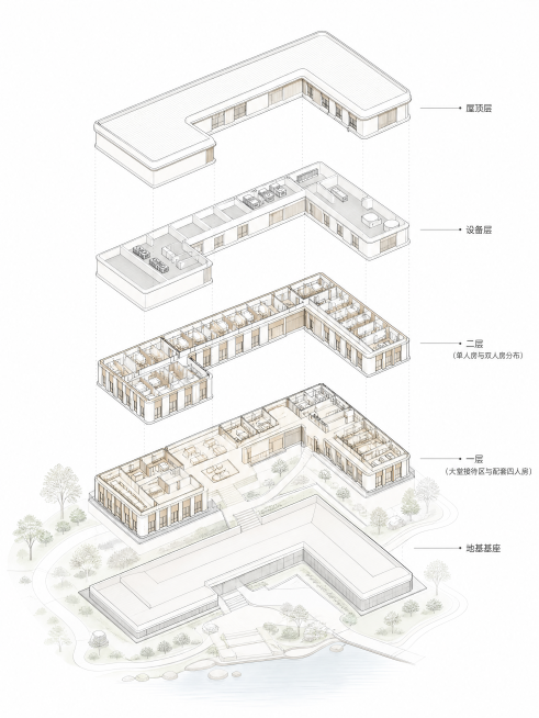 康养中心建筑轴测爆炸分解图，建筑专业制图风格，基于原图建筑造型，2.5D轴测视角，竖向分层拆解：屋顶层、设备层、二层分布单人房双人房、一层大堂接待与配套四人房、地基基座，分层悬浮错落，间距均匀。线条干预览效果
