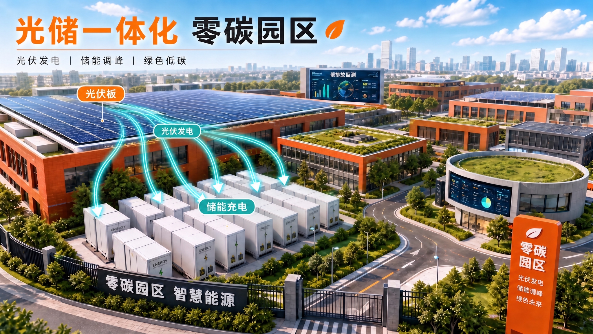 在图1的光伏板和储能柜之间添加青绿色发光能量流线箭头，箭头风格… - 图片创意预览