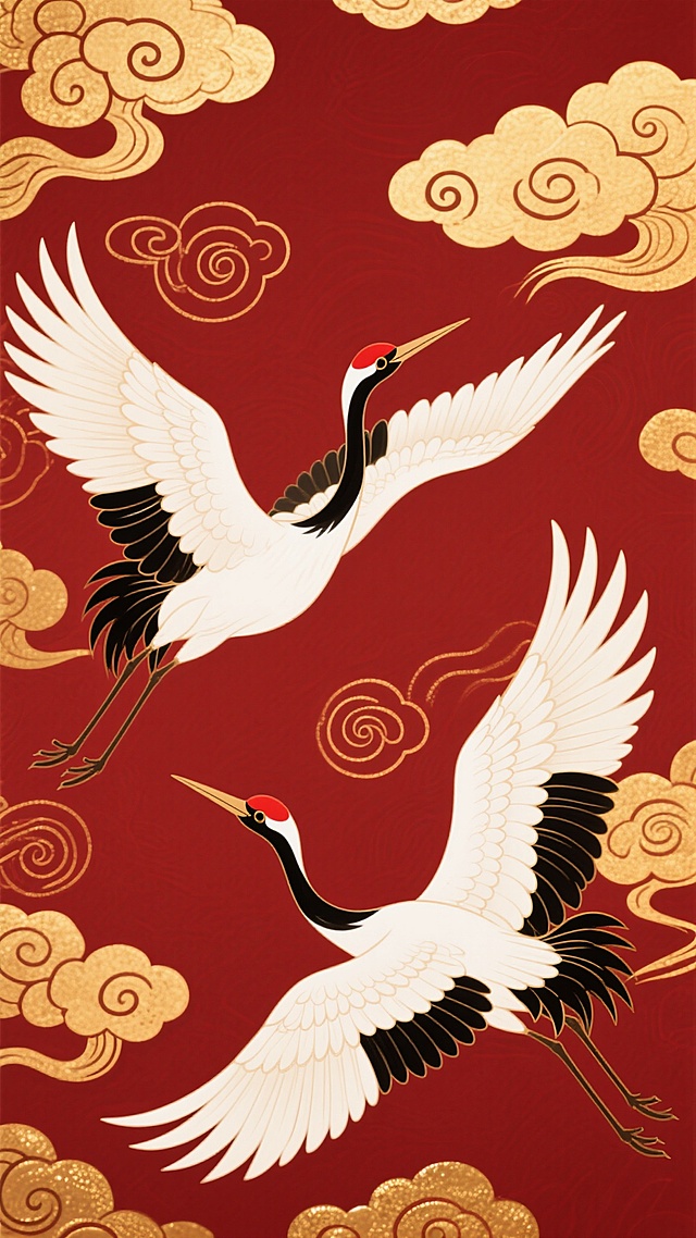 中国传统风格插画，以深红色为背景，点缀金色祥云纹样和漩涡状卷曲云纹，两只仙鹤展翅飞翔，仙鹤白羽红冠黑尾，翅膀羽毛层次分明，姿态优雅舒展，整体画面呈现出华丽典雅的东方韵味，具有浓厚的传统节日氛围和吉祥寓意。