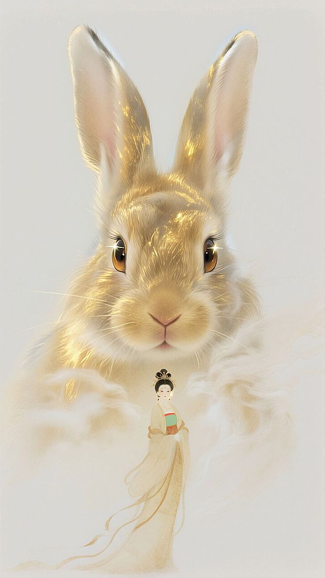 一个巨大的兔子眼睛看着下方的嫦娥（全身），烟雾遮挡露出朦胧的兔头，兔子眼睛有星光效果，浑身金色发光拉丝效果，光细腻如发丝，大面积留白，概念视觉，朦胧，梦幻，对称构图，极致的大小对比，金色调