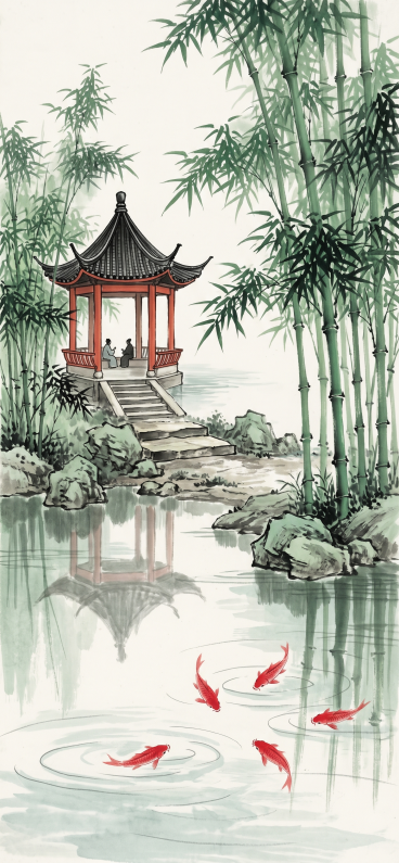 6:13竖幅，中国水墨写意国画，中式古典庭院水景。画面左右两侧高耸挺拔的青绿色竹林，竹叶写意挥洒，竹竿苍劲，营造出幽深静谧的竹林氛围；左上方岸边一座中式六角凉亭，黑色飞檐攒尖顶，朱红色亭柱与围栏，亭内预览效果