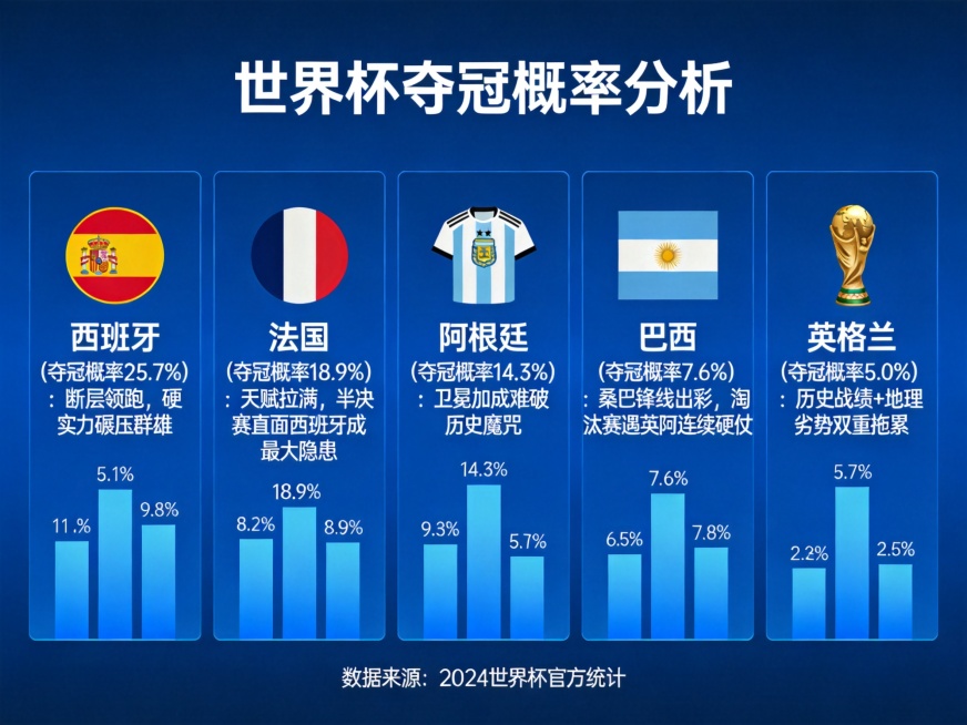 西班牙（夺冠概率 25.7%）：断层领跑，硬实力碾压群雄法国（夺冠概率 18.9%）：天赋拉满，半决赛直面西班牙成最大隐患  阿根廷（夺冠概率 14.3%）：卫冕加成难破历史魔咒  巴西（夺冠概率 7预览效果