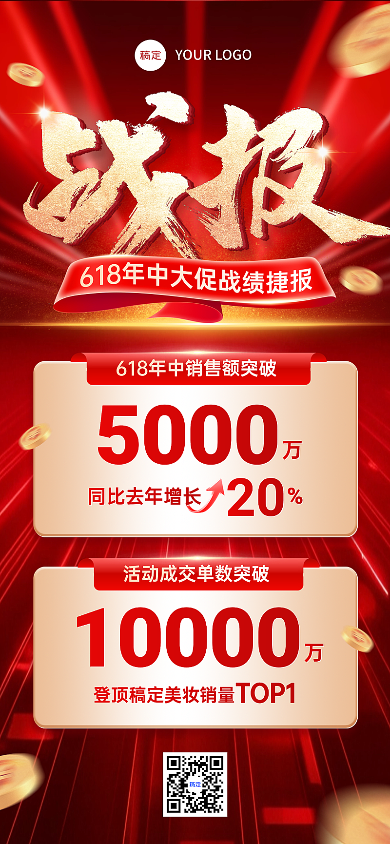 618年中美妆产品销售战报促销感全屏竖版海报