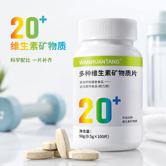 [主图-3] 多种维生素矿物质片成分细节特写主图。
[氛围风格] 专业运动营养风，干净通透；
[画质] 商业摄影质感，光线明亮通透，产品清晰真实，画面干净高级。
[元素] 特写放大产品瓶身核心20+标预览效果