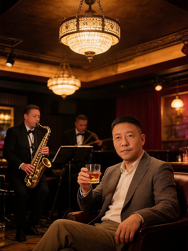 基于参考图人物特征，生成一张爵士酒吧听音乐场景写真，中年成功男士，休闲品味，成熟魅力，氛围感，适合社交平台