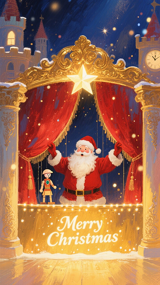 梦幻感与喜庆感交织的插画风圣诞场景，卡通风格的圣诞老人在微缩舞台上演绎童话，鎏金边框与油画质感营造出温暖节日氛围。