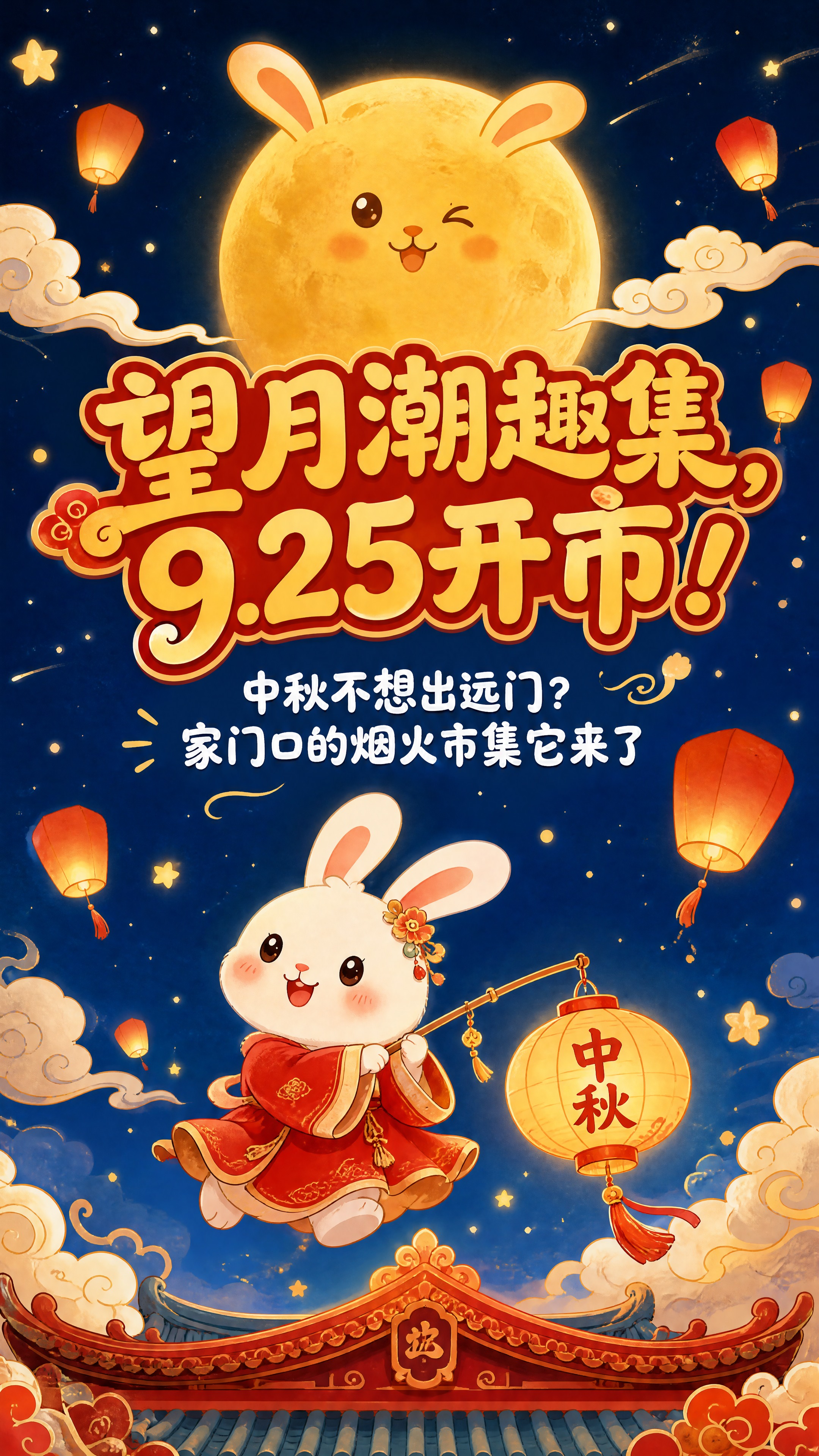 竖版公众号长图，卡通可爱国潮风格，中秋市集主题。画面顶部是深蓝… - 图片创意预览