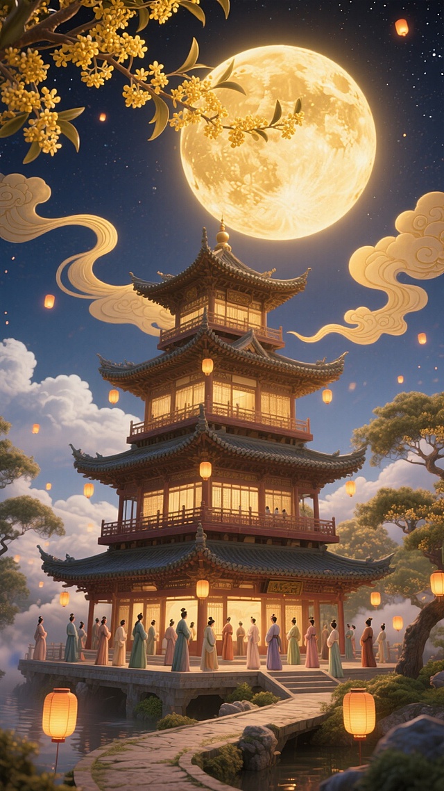 暖金色调，顶部设超大暖金圆月；圆月前点缀桂花枝，中下层借 S 型祥云贯穿，分层错落排布中式楼阁（上层小阁、中层主阁、下层复阁 ）；人物层于楼阁平台和云间小径点缀游园群像，背景明亮夜空，点缀小灯笼