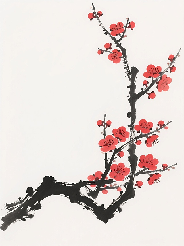 中国传统水墨画风格的梅花图，以纯净的白色为背景，画面中一枝遒劲的墨色梅枝斜向伸展，枝干线条流畅有力，呈现出自然的弯曲与分叉，枝头点缀着数十朵鲜艳的红色梅花，花朵形态简洁明快，花瓣层次分明，整体构图疏朗有致，意境清雅，具有浓郁的东方韵味和简洁的设计感。