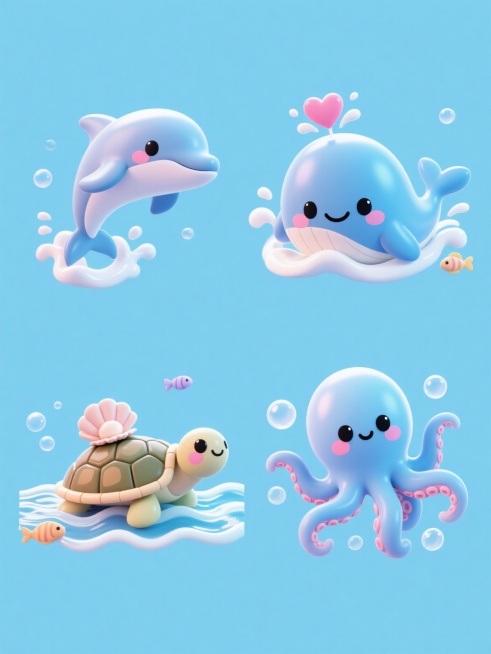 一系列4个完全不同的海洋动物3D插画，保持与原图一致的可爱卡通风格，使用光滑圆润的造型，柔和的渐变蓝色调，明亮的高光和细腻的阴影，每个动物都带有粉色腮红和大大的黑色眼睛，周围环绕着白色浪花、气泡和小鱼元素，所有元素规整排布在纯色浅蓝色背景上，第一个是跳跃的海豚，第二个是微笑的鲸鱼喷出爱心形状的水花，第三个是戴着贝壳的海龟在海浪上漂浮，第四个是摆动触须的章鱼在气泡中玩耍。预览效果