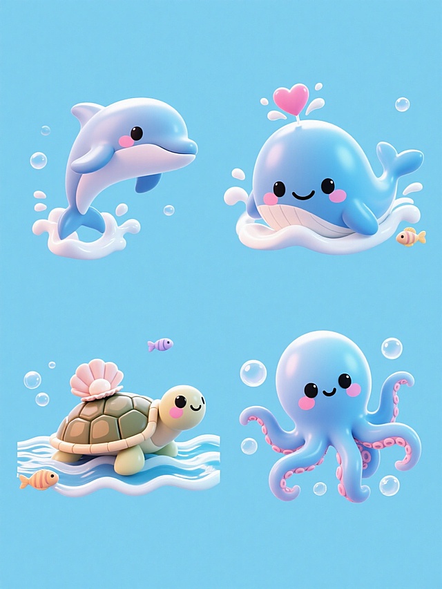 一系列4个完全不同的海洋动物3D插画，保持与原图一致的可爱卡通风格，使用光滑圆润的造型，柔和的渐变蓝色调，明亮的高光和细腻的阴影，每个动物都带有粉色腮红和大大的黑色眼睛，周围环绕着白色浪花、气泡和小鱼元素，所有元素规整排布在纯色浅蓝色背景上，第一个是跳跃的海豚，第二个是微笑的鲸鱼喷出爱心形状的水花，第三个是戴着贝壳的海龟在海浪上漂浮，第四个是摆动触须的章鱼在气泡中玩耍。