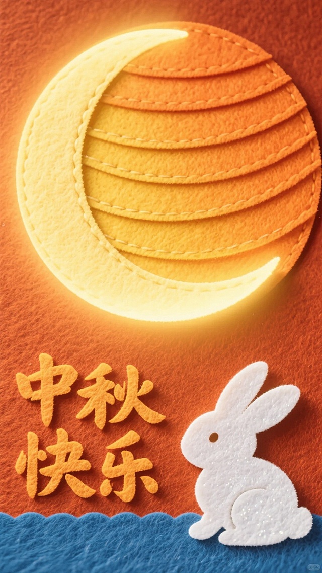撕纸风与面料质感结合，月兔剪影温馨可爱，浮雕式文字传递中秋喜庆氛围，拼贴手法营造卡通感节日画面。