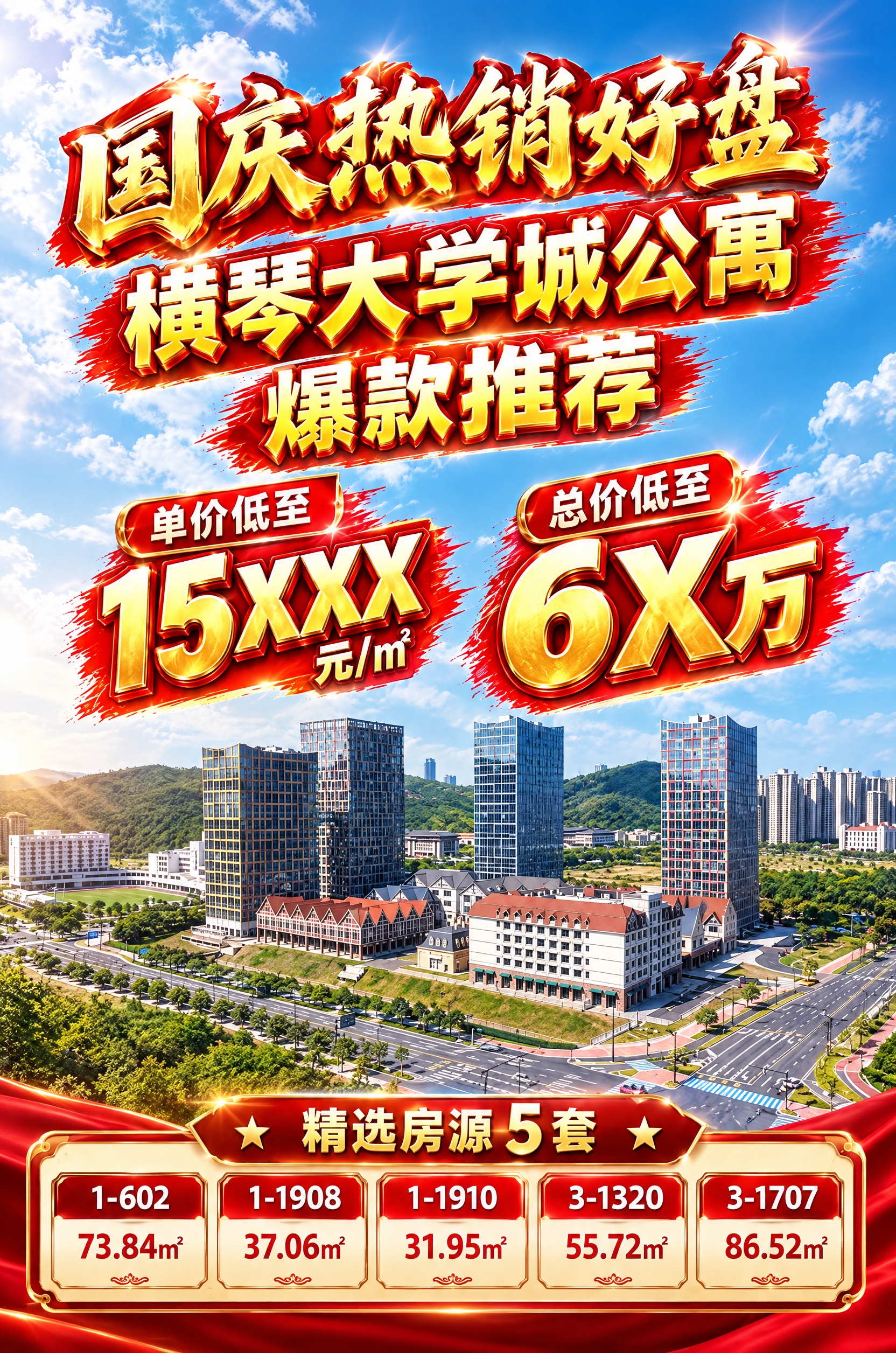 将海报中的金币和钱袋子元素全部去掉，替换为第二张参考图中的横琴… - 图片创意预览