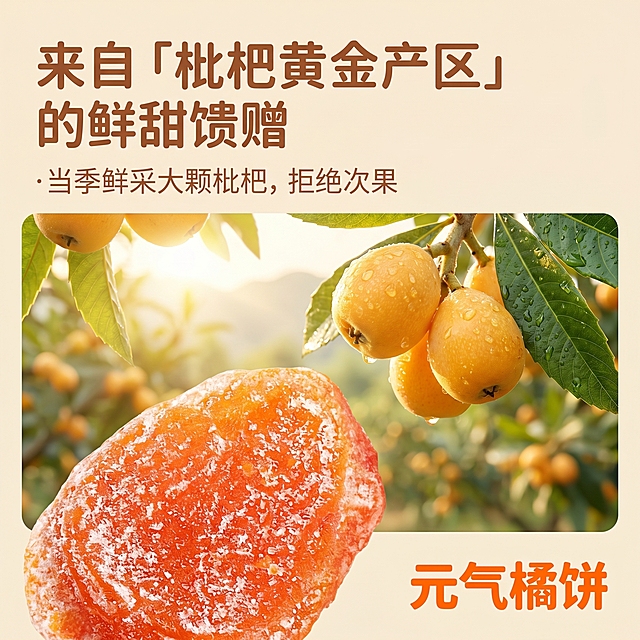 [主图 1] 产地溯源图
[氛围风格] 清新田园风，暖调阳光，鲜果治愈感，年轻活泼，突出原产地和鲜采；
[画质] 商业摄影质感，光线柔和通透，产品清晰真实，画面干净高级，食欲感满满；
[元素] 福建枇杷园，阳光下挂满枝头的金黄饱满枇杷果，带新鲜绿叶和晶莹露珠，果实饱满透亮。背景是淡米色，画面右下角摆放元气橘饼品牌标识，用活力橙色字体。保留枇杷干产品与参考图一致的外观色泽和质感，杜绝任何变形和色差。商品主体占比约65%，画面满铺无边框；
[光影] 自然暖阳逆光，暖光穿透枇杷果肉，营造通透光泽感，突出鲜果水润新鲜；背景光线柔和不抢主体；
[配色] 主调：金黄枇杷色 + 淡米色；辅色：品牌活力橘色；整体清新温暖；
[视角构图] 平视视角，中景构图，前景主体枇杷，背景虚化果园景深；
[文字版式] 左对齐负空间留安全边距。主标题“来自「枇杷黄金产区」的鲜甜馈赠”圆润活力字体最大号，暖棕色粗体；副标题“·当季鲜采大颗枇杷，拒绝次果”字号约为主标题一半，浅棕色。右下角元气橘饼品牌标识活力橙色字体放置；所有文字不遮挡主体，清晰可辨；
[比例分辨率] 1:1 比例，2k分辨率；文字清晰锐利，超高清；
[负向提示词] 变形，水印，文字错乱，产品图模糊，背景杂乱，牛皮癣，配色刺眼，遮挡主体，绝对化违禁词，虚假宣传文案
