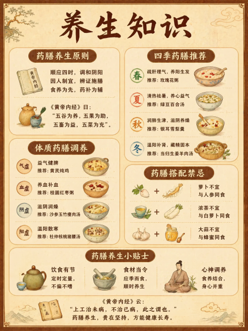 制作一张和参考图风格一致的黄帝内经主题养生知识科普海报，大标题为养生知识，复古米黄色背景，手绘插画风格，分多个板块展示黄帝内经药膳养生知识，保留清晰的文字排版和板块标题，整体布局和参考图一致。预览效果