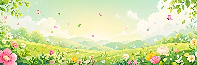 基于参考图的背景风格，重新生成一条纯背景长条横幅，比例14:1。只保留春日自然绿植背景：嫩绿草地、各色小野花、远处的绿色山丘、淡绿色渐变天空和白云、左上角和右上角的绿叶枝条、飞舞的蝴蝶和飘落的花瓣。去掉小男孩、小女孩、小狗狗，去掉所有文字和标题，去掉中间的副标题框。保持原参考图的清新春天绿植感和可爱多巴胺配色，色彩明快，画面连贯自然，适合做纯背景使用。