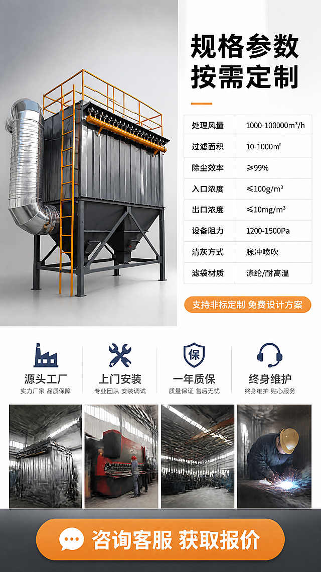 [主图-5] 脉冲布袋除尘器规格参数与服务保障图，下单决策页。
[氛围风格] 工业专业风，信息清晰规整，信任背书感。
[画质] 商业工业摄影质感，产品清晰，信息排版整洁。
[元素] 画面左侧约50%为脉冲布袋除尘器设备侧面全貌图，设备完整展示，从爬梯到灰斗全部可见，背景为浅灰色工业渐变背景。右侧约50%为参数信息区与服务区。底部有工厂实景小图条，展示工厂车间生产场景。**保持设备外观、结构、颜色、材质与输入产品图完全一致，杜绝变形色差**。
[光影] 左侧设备图侧光照明，立体感强，金属质感突出，光影硬朗专业。
[配色] 主色深灰黑；辅色工业橙、蓝色；背景浅灰+白色信息区。
[视角构图] 左右分栏构图，左图右文，底部工厂实景条，整体信息密度高但层次清晰。
[文字版式] 右侧顶部主标题"规格参数 按需定制"黑色粗体大字，下方参数表格形式展示，深灰字：
"处理风量 1000-100000m³/h
过滤面积 10-1000㎡
除尘效率 ≥99%
入口浓度 ≤100g/m³
出口浓度 ≤10mg/m³
设备阻力 1200-1500Pa
清灰方式 脉冲喷吹
滤袋材质 涤纶/耐高温"。
参数表下方橙色条带白字"支持非标定制 免费设计方案"。
底部工厂实景条上方4个服务图标+文字横排："源头工厂""上门安装""一年质保""终身维护"。
右下角大号橙色按钮样式"咨询客服 获取报价"白字。
[输出要求] 1:1比例，文字清晰锐利规整，超高清工业摄影质感。
[负向提示词] 变形，文字错乱，产品模糊，背景杂乱，水印，电商平台Logo。