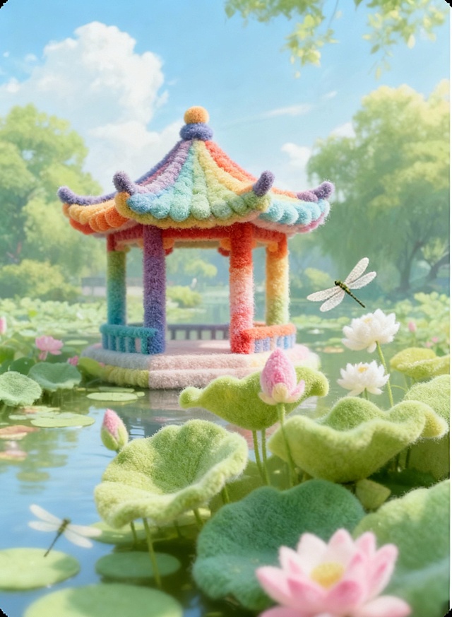 建筑整体呈现出全毛绒质感的风格，毛绒有层次感，毛绒颜色为彩虹色调。建筑保留原始形状，各个部分都如同被几种颜色柔软的毛绒材质精心包裹