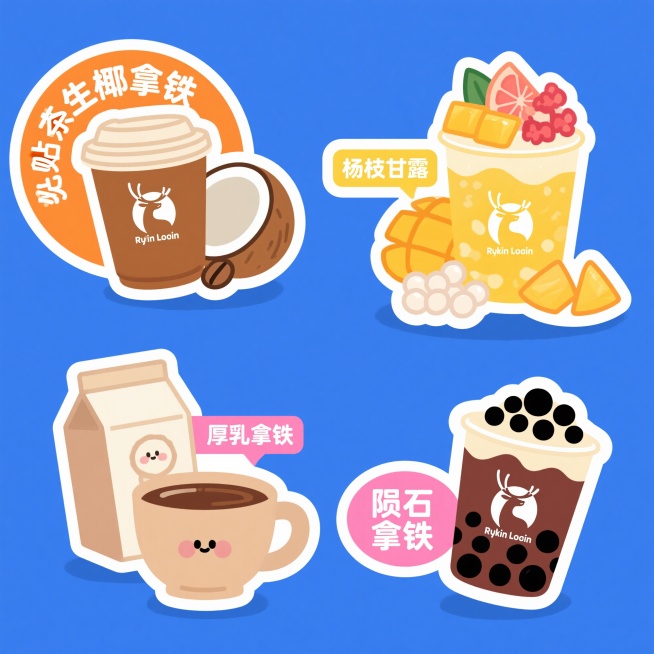 瑞幸奶茶周边贴纸，4款新品+原料展示图，可爱风格卡通插画。背景为纯净蓝色，画面干净，营造清新治愈氛围。包含彩色椭圆形、矩形及不规则形状文本框。1. 生椰拿铁：棕色拿铁杯（印有瑞幸LOGO）、新鲜椰子、预览效果