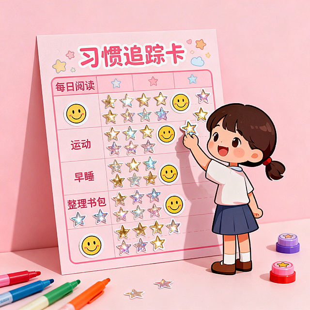 童趣风格习惯追踪主题插画，浅粉色的卡通信纸上印着“习惯追踪卡”的可爱标题，下面分栏写着“每日阅读”“运动”“早睡”“整理书包”的小项目，每个项目后面都贴满了亮闪闪的星星和笑脸贴纸，旁边站着一个扎小辫子的小女孩，正举着贴纸开心地往卡上贴，旁边散落着彩笔和小印章，整体氛围活泼治愈，充满成就感