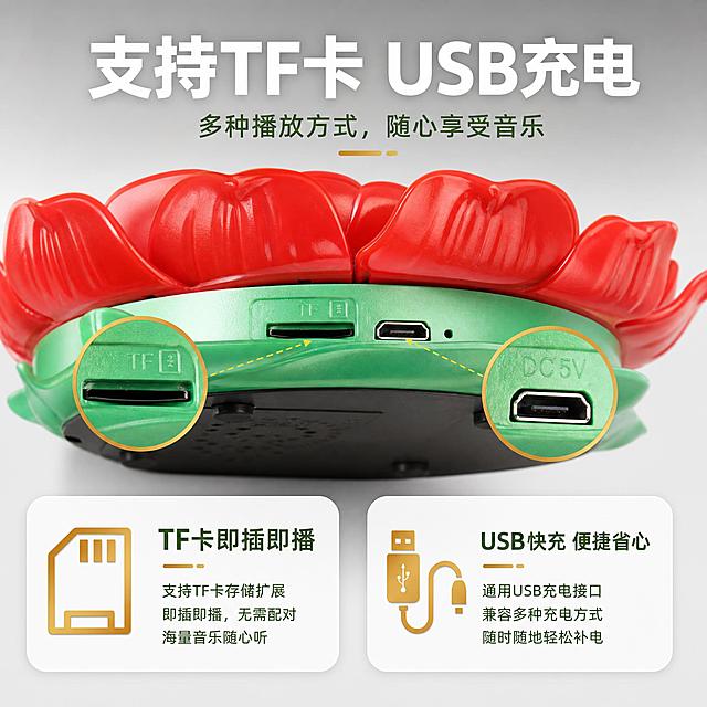 [主图-3] 产品结构与功能证据，展示支持TF卡与USB充电的接口结构，证明产品的多功能扩展能力。
[统一基调] 淘宝/天猫专业品质风格，清新自然绿色系，主标题白色粗体大字，辅助文字深绿色，强调色为暖金色，圆角卡片样式，现代无衬线字体，整体干净通透有品质感。
[画面] 画面上方展示红色太阳能莲花播放器的侧面/底部局部特写，清晰展示TF卡插槽与USB充电接口的真实结构，接口部分用放大圈标注。画面下方用两个圆角卡片分别展示「TF卡播放」与「USB充电」功能，左侧卡片配TF卡图标，右侧卡片配USB线图标，每张卡片有简短功能说明。背景为浅灰色渐变，突出产品细节与功能卡片。产品占画面约40%位于上方，下方信息区布局清晰。
[光影质感] 商业微距摄影质感，接口细节清晰可见，塑料外壳纹理真实，卡片有轻微阴影与立体感，整体光线均匀细节丰富。
[配色] 浅灰色背景，红色产品鲜明，卡片白色底+深绿色文字，图标暖金色，整体专业清晰。
[文字版式] 顶部主标题「支持TF卡 USB充电」，下方两个功能卡片分别标注「TF卡即插即播」与「USB快充 便捷省心」，文字清晰易读，标注线准确指向接口位置。
[输出要求] 1:1正方形比例，接口细节清晰，文字准确，产品结构真实。禁止接口变形、位置错误、模糊、错字。