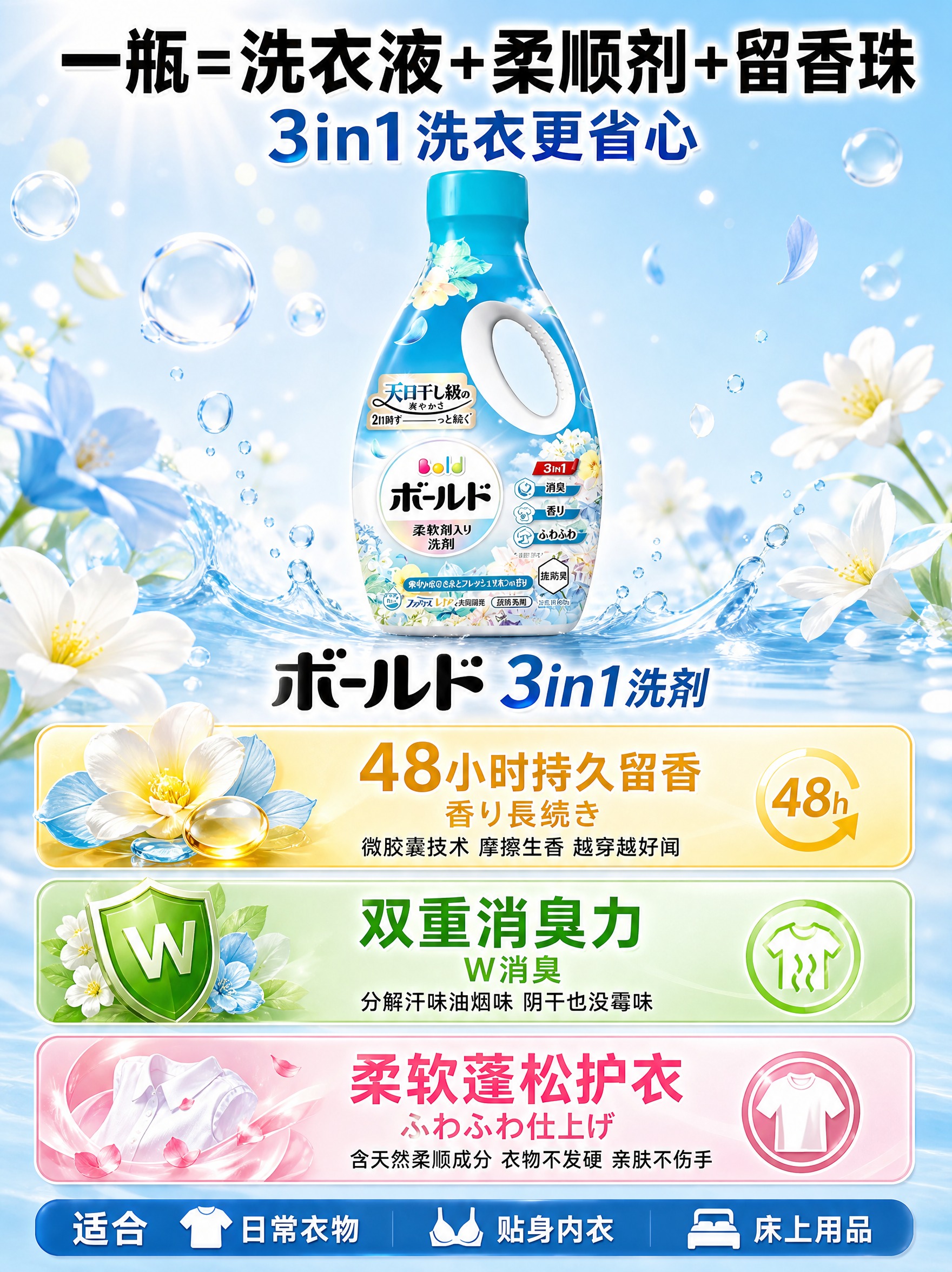 [主图3-1 3:4] 宝洁Bold花香洗衣液 核心卖点功效图… - 图片创意预览