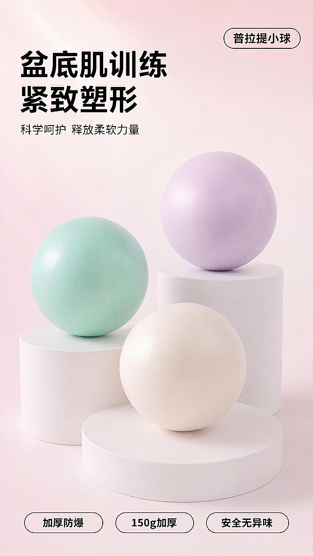 [第1张] 详情页头图主视觉-普拉提小球产品海报。本张使用【图2】作为多色产品主体参考，保留奶白色、淡紫色、天蓝色、薄荷绿、樱花粉、香槟棕六种颜色的磨砂质感球形外观，去除任何品牌LOGO。
[氛围/风格] 清新马卡龙运动风，柔和渐变背景，高级商业摄影质感，干净通透。
[元素布局] 三个高低错落的白色圆柱展台，分别放置奶白色、薄荷绿、淡紫色三颗普拉提小球，呈三角构图，产品总占比约65%；背景为浅粉到米白的渐变柔焦背景；顶部留标题区，底部留卖点胶囊标签区；球体表面保持原图的磨砂哑光质感，颜色色号与输入产品图完全一致。
[光影质感] 左上方45°柔光主光源，右侧辅光补亮暗部，球体下方自然柔和投影，整体明亮均匀，突出磨砂质感。
[配色色系] 全局底色 #F5E6E8 浅粉渐变至 #FAF5F2 米白；主色马卡龙粉紫绿；辅助色白色展台、黑色粗体标题。
[视角构图] 正面微仰视，三颗球高低错落形成视觉层次，阅读动线顶部标题 → 中部产品 → 底部卖点标签。
[文字版式] 右上圆角胶囊标签写「普拉提小球」，黑色粗描边；底部三个圆角胶囊标签分别写「加厚防爆」「150g加厚」「安全无异味」；左上角主标题「盆底肌训练 紧致塑形」，副标题「科学呵护 释放柔软力量」；无任何品牌LOGO。
[比例分辨率] 9:16竖版比例，4K分辨率，文字清晰可辨，高清画质。
[负向提示词] 球体变形，颜色偏差，品牌LOGO，水印，文字错乱，产品模糊，背景杂乱，结构错误。