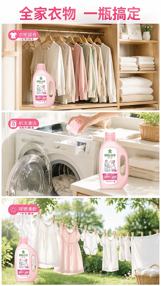 [第4屏] 使用场景-日常生活多场景适用种草拼图。本屏使用【图1】作为商品标识。
[氛围/风格] 生活化自然温馨，真实日常场景，亲和力强。
[元素布局] 画面分成三格拼图，分别展示：衣柜存放、机洗添加、晾晒衣物三个日常场景；每格场景自然真实，底部放置小尺寸产品图保持品牌露出；场景干净整洁，符合家居洗护认知。
[光影质感] 每格场景都采用自然光照明，光影自然，没有明显硬阴影，整体温馨明亮。
[配色色系] 全局底色 #FFFFFF；主色柔和低饱和家居配色；辅助色产品粉绿点缀。
[视角构图] 三格竖向拼接，上下阅读符合手机浏览习惯，每格场景主体突出。
[文字版式] 顶部大标题「全家衣物 一瓶搞定」，每格场景配小字标注：衣柜留香 / 机洗清洁 / 晾晒清新，文字小而清晰，不遮挡场景内容。
[比例分辨率] 9:16 竖版比例，分辨率2K，文字清晰可辨，高清画质。
[负向提示词] 场景杂乱，文字遮挡主体，产品变形，拼接错位，水印