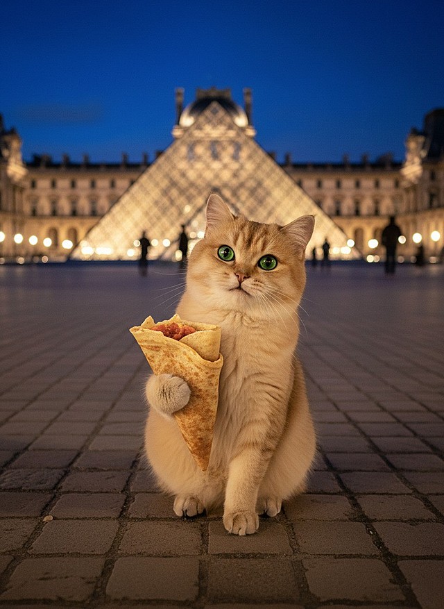 不经意间拍摄的，自然的光线，主角是图片中的这只猫，晚上，在巴黎卢浮宫前，抬起一只爪子拿着手抓饼。生成的图片中的猫尽可能和原图中的猫保持一致，这只猫咪可以表现的开心些。