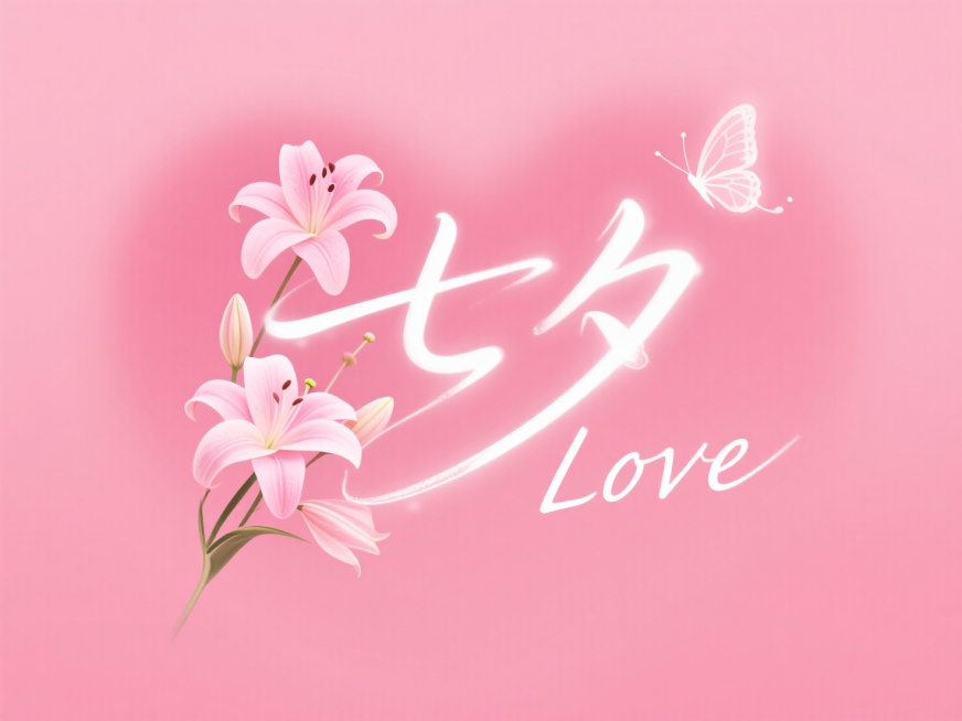 手写文字“七夕“，斜体字“Love”，文字透明飘逸。高级感，粉红色氛围。点缀粉色的百合花，蝴蝶预览效果