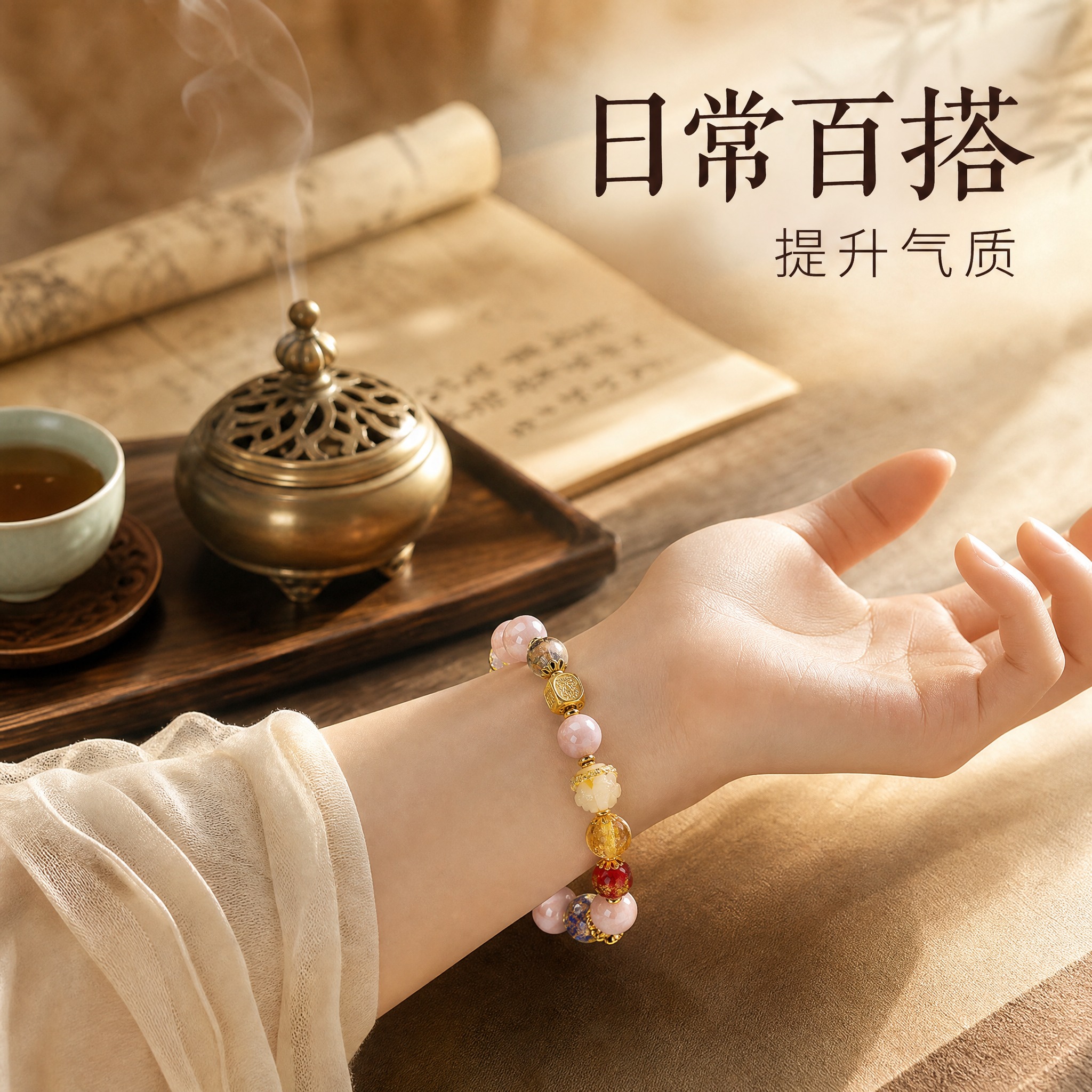 [主图-3] 九尾狐香灰琉璃手串佩戴场景图，展示手串佩戴效果与… - 图片创意预览
