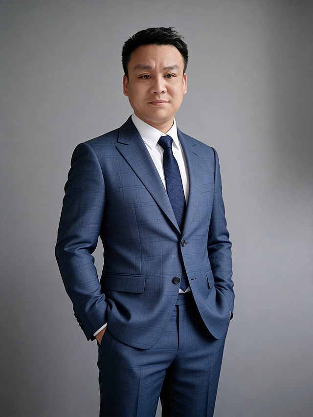 参考第一张图保留人物脸型､发型､年龄等特征生成职场形象照,参考第二张图人物占位和比例,标准焦段50mm,f/4光圈(f/2.8-f/4区间),平视视角(镜头与人物视线齐平);人物占画面70%,人物居中(居中构图),位于画面中心,为视觉聚焦点,入境范围头部及以下至臀部下方10cm(半身像);左右留少量背景空间;头部与画面顶部保留5%空间;头部发型完整,头肩比例协调,整体色调提亮;身着雾霾蓝色(低饱和冷调,带细密暗格纹)高支精纺羊毛平驳领单排两粒扣西装套装(挺括垂坠,哑光细腻肌理,常规合身版型,肩部自然挺括,衣长至臀部中部,左侧胸袋 + 下摆口袋设计,单颗黑色纽扣扣合,袖口同色系纽扣),内搭纯白色纯棉小方领正装衬衫(平整顺滑,小方领贴合颈部),系藏蓝色底暗色哑光提花领带(细密重复纹样,与西装色调呼应),搭配同色系高腰直筒西装裤;身体正面微侧朝向镜头,双手自然插入西装裤口袋(手指微曲放松,仅露出部分指节,姿态从容松弛),肩部自然下沉挺拔,姿态端庄稳重;眼神明亮温和直视镜头,嘴角微扬呈沉稳浅笑,表情亲和自信,展现干练､沉稳､可靠的职场气质;发丝整齐服帖,面部干净清爽,无明显妆容,肤色均匀偏暖,呈现细腻哑光质感,T 区微泛健康油光,侧光下鼻梁与颧骨处有轻微高光;背景为中灰色纯色背景,突出人物主体,背景轻微虚化;肤质呈现匀净哑光质感(自然白皙);轻透裸妆+重点提亮;唇色透亮润泽(半哑光质地);背景光线均匀,明暗过渡柔和,强化色彩对比的高级感｡极简干净打光采用柔光主光(5200K中性白光,柔化面部光影,突出面部轮廓立体感)+补充暗部细节,避免过曝),整体光线均匀柔和,明暗过渡自然;画质为超高清精细质感,中度锐化,画面纯净无噪点,严格按照原图内容生成｡