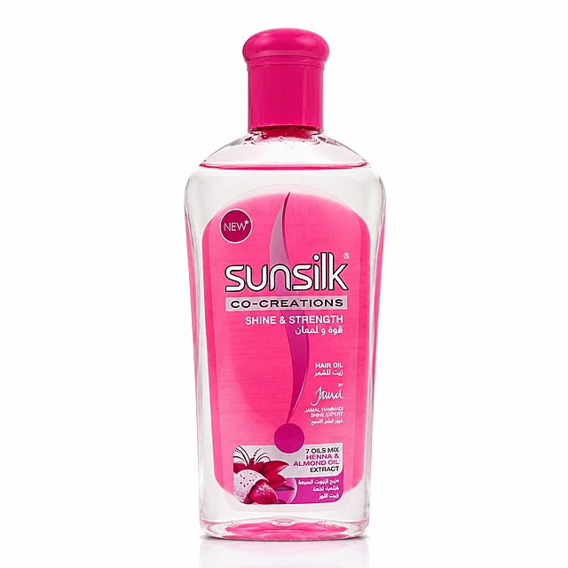 [主图-5] Sunsilk Shine and Strength Hair Oil single product display.
[atmosphere style] minimalist high-end静物 photography, highlight transparent bottle and pink oil texture.
[image quality] commercial photography texture, soft light transparent, product details clear, picture clean and advanced.
[elements] 250ml Sunsilk hair oil bottle placed in the center of pure white background, positive display, label face the camera. Keep product bottle shape, label text, pink cap and pink oil color completely consistent with the input product image, no distortion, no color difference. Product proportion 80%, full screen no border, no extra text. Keep the original brand logo "sunsilk" complete, do not change.
[light] soft studio front light, highlight transparent glass bottle and pink oil light transmission, cap matte pink texture clear, light soft, no harsh shadow.
[color matching] main color pure white, auxiliary color product pink transparent tone.
[perspective composition] front center, flat horizontal perspective, complete product contour.
[output requirements] 1:1 ratio, text clear recognizable, super HD commercial photography texture.
[negative prompt] distortion, text disorder, product image blurred, background messy, watermark, e-commerce platform Logo.