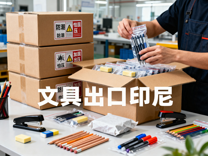高清晰度商业摄影照片，4:3比例，内容为铅笔、圆珠笔、橡皮擦、订书机、马克笔几款代表性文具，操作员正在将含墨水的笔类放入独立密封袋，橡皮擦用防潮纸包裹，随后整齐码放进贴有“防潮”“怕压”标识的加固出口预览效果