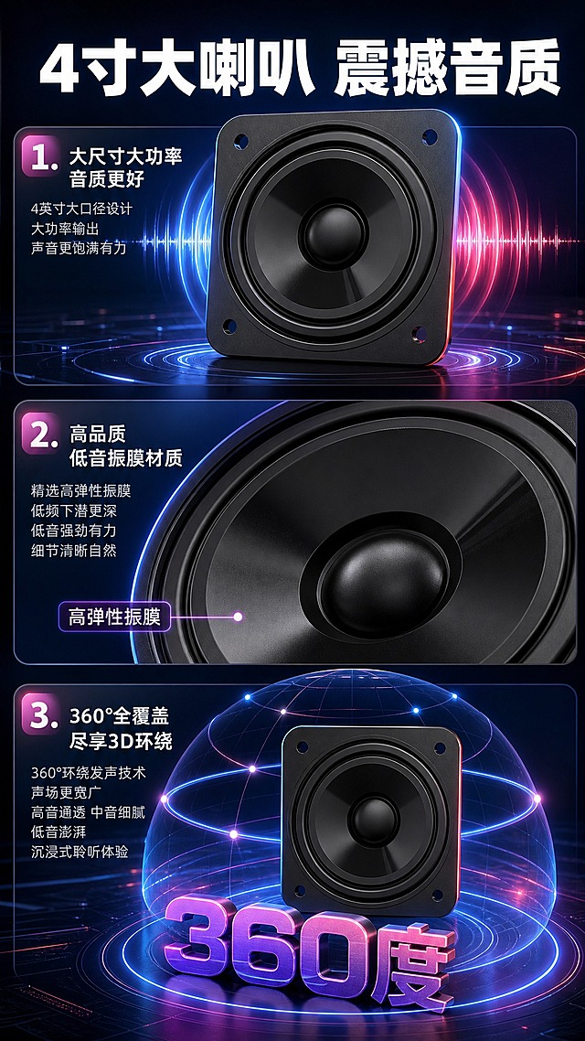 [商品] 使用【图9】喇叭单元细节图；保留4寸喇叭结构、振膜材质、黑色外观，不改变产品原貌。
[画面] 目标：深度解析音质表现，展示核心声学技术。上下三段式构图，上段展示大尺寸喇叭正面，中段展示高低音振膜材质特写，下段展示360°环绕音效示意。喇叭单元占画面主体，配声波扩散图形。
[视觉] 套系策略：风格=3C数码科技商业渲染风；标题字=粗黑无衬线字体；正文字=简洁无衬线体；主色=深蓝紫；背景延展=深蓝紫渐变+霓虹红蓝光效+深色反光地面；强调色=霓虹粉紫；标题色=白色；正文色=浅灰蓝；组件=圆角半透明信息卡、细线引线、发光标签；光影=侧前冷光+红蓝轮廓光。
[文字] 顶部主标题"4寸大喇叭 震撼音质"，3个分段分别标注："1. 大尺寸大功率 音质更好""2. 高品质低音振膜材质""3. 360°全覆盖 尽享3D环绕"，大号"360度"艺术字与喇叭结合展示。
[规格] 图片比例9:16竖版，4K，负向提示：避免喇叭变形、材质失真、文字模糊、纯白背景。