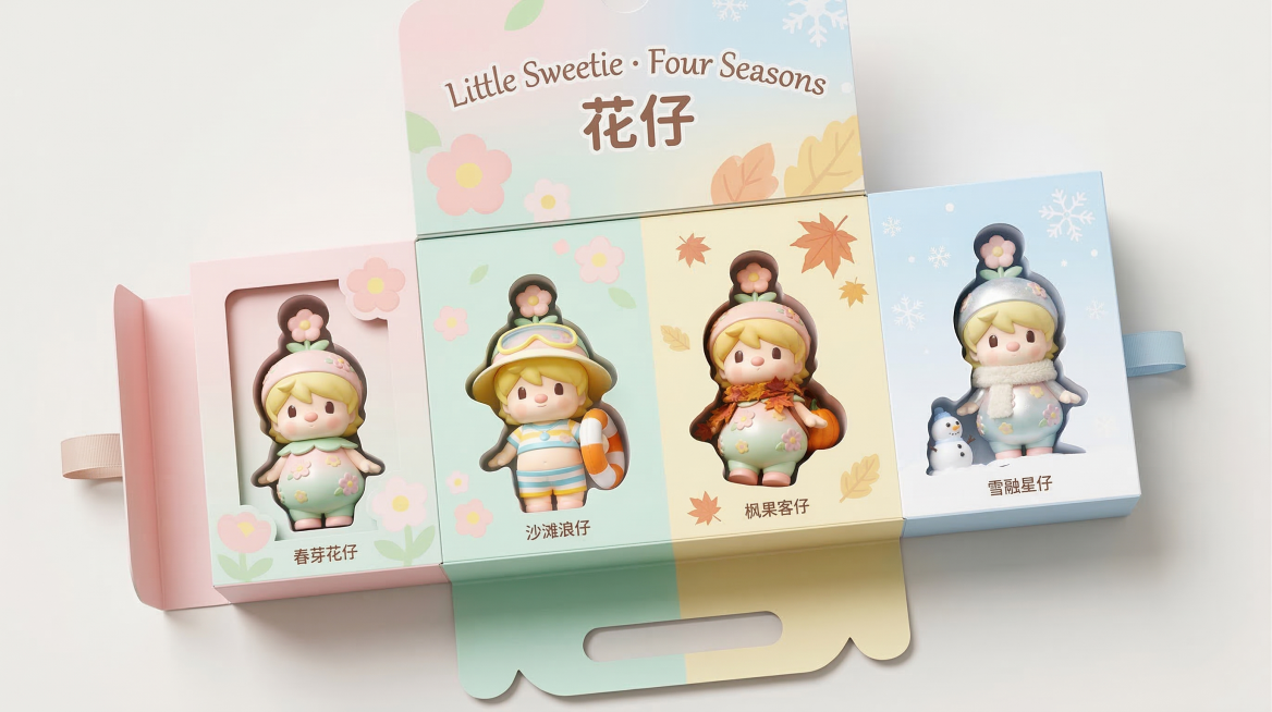 基于这组花与四季潮玩模型，设计一款周边礼品礼盒包装，四个潮玩模型保持原有的发型和衣服不变，将模型放在展开的礼品礼盒中展示，礼盒上带有品牌英文logo“Little Sweetie · Four Sea预览效果