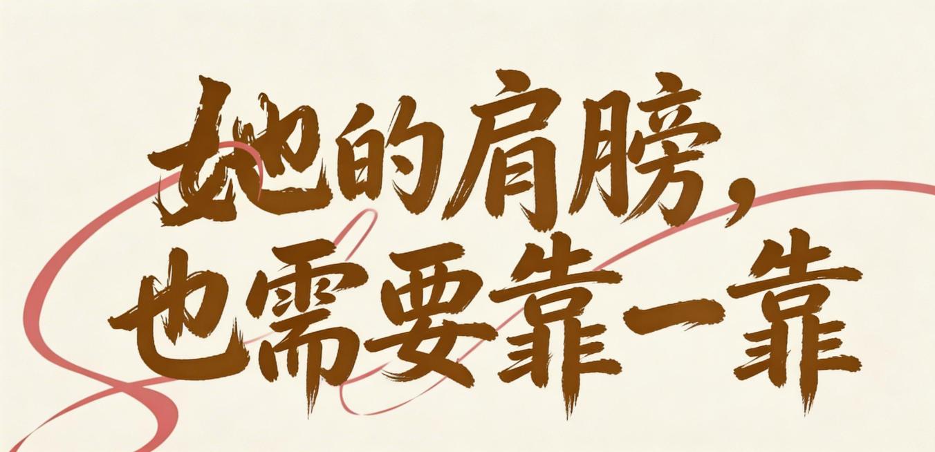 将文字“她的肩膀，也需要靠一靠”设计成图中同款毛笔书法字体，保留棕金色和粉色飘带装饰，排版风格一致预览效果