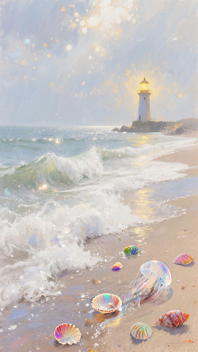 梦幻水彩插画，虚拟自然海滩，彩色贝壳与水母，灯塔光辉映衬。