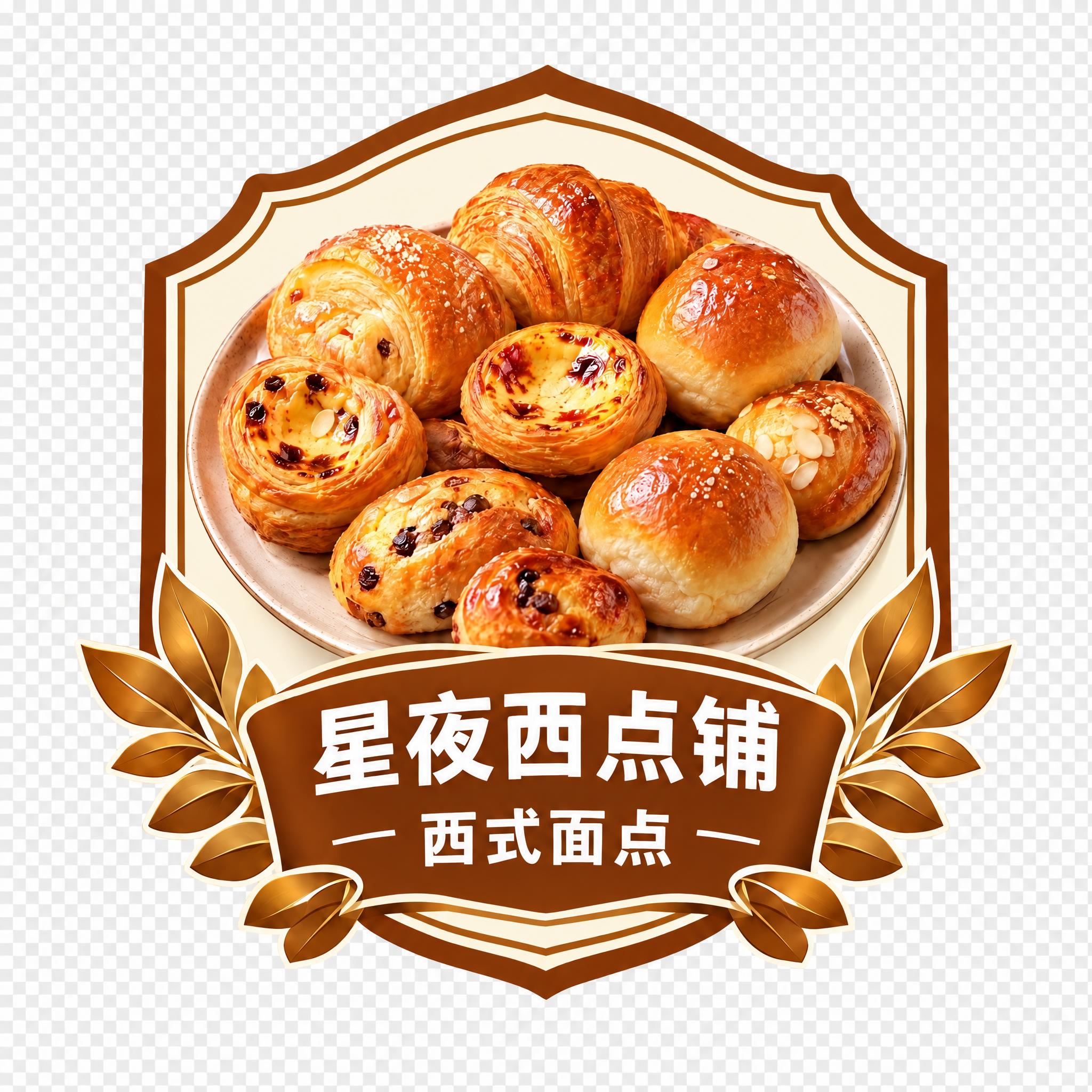 将这张西式面点异形立牌的绿色边框和底部绿色飘带统一换成暖棕色（… - 图片创意预览