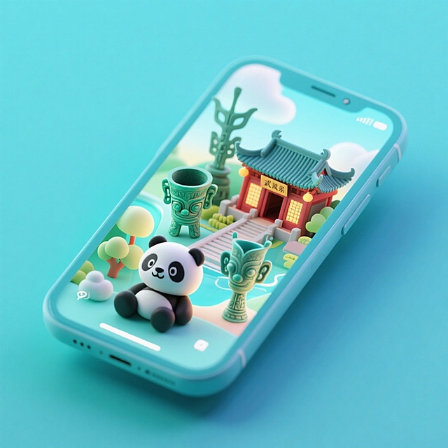一个手机创意微缩场景，手机平放，侧面对着观众，手机俯视角度，立体的成都景观从屏幕内出来，有熊猫，三星堆，武侯祠，整体色调立体魔幻。青色背景。具有梦幻感,打光营造出柔和氛围强调梦幻和未来感的美学。