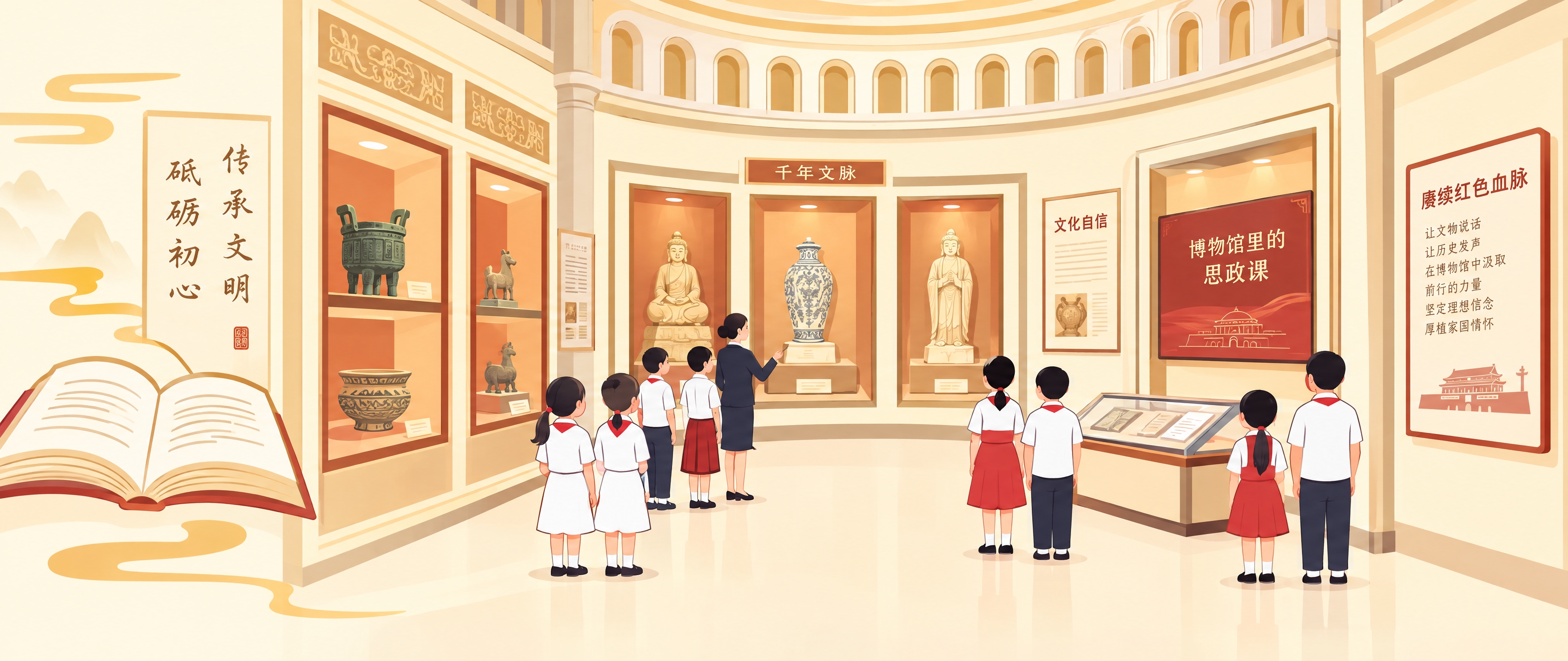 将这张博物馆思政课场景图转化为扁平插画风，保留原画面构图：博物… - 图片创意预览