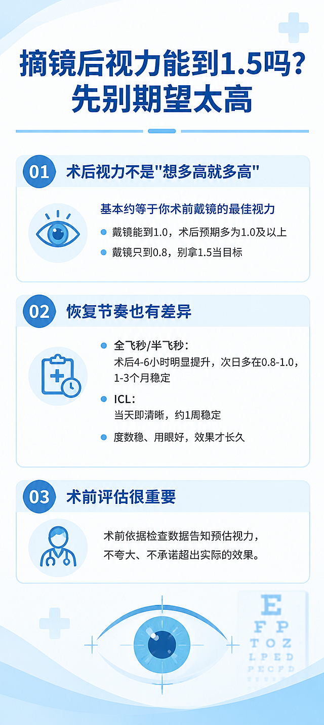 一张适合抖音发布的竖版医疗科普长图，整体采用专业医疗风格，以白色和浅蓝色为主色调，干净清爽，体现医学严谨感。

顶部是醒目的大标题区域，用加粗深蓝色大字写着："摘镜后视力能到1.5吗？先别期望太高"，标题醒目突出，下方有一条浅蓝色装饰线分隔。

正文内容分板块整齐排列，每个板块有小标题，文字清晰易读，行间距适中，文案不密集：

【第一板块】
小标题：术后视力不是"想多高就多高"
内容：基本约等于你术前戴镜的最佳视力
• 戴镜能到1.0，术后预期多为1.0及以上
• 戴镜只到0.8，别拿1.5当目标

【第二板块】
小标题：恢复节奏也有差异
内容：
• 全飞秒/半飞秒：术后4-6小时明显提升，次日多在0.8-1.0，1-3个月稳定
• ICL：当天即清晰，约1周稳定
• 度数稳、用眼好，效果才长久

【第三板块】
小标题：术前评估很重要
内容：术前依据检查数据告知预估视力，不夸大、不承诺超出实际的效果。

底部有简洁的医疗元素装饰，如淡蓝色的眼睛图案或视力表小图标点缀，整体排版整齐有序，专业可信，不留二维码区域。